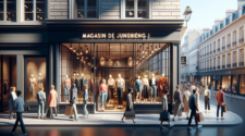 Élégant magasin de vêtements "J" en milieu urbain, attire les amateurs de mode.