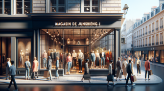 Élégant magasin de vêtements "J" en milieu urbain, attire les amateurs de mode.