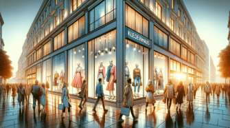 Magasin de vêtement "Kleiderhaus" avec vitrines modernes, vêtements à la mode et passants stylés.