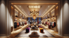 Magasin de vêtement Ombre : boutique chic avec logo O, éclairage moderne, vêtements haut de gamme et ambiance luxueuse.