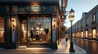 Magasin de vêtement chic "Quintessence Boutique" sur rue européenne pavée avec vitrine élégante.