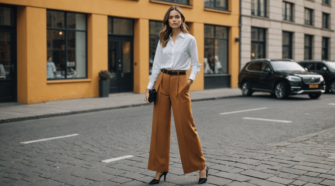 Une femme portant un pantalon large 7/8 associé à des chaussures élégantes pour un look moderne et raffiné.