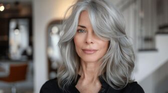 Coupe mi-longue dégradée et effilée avec frange après 60 ans