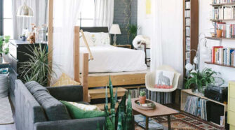 Décoration cosy d’un studio étudiant avec plantes vertes et mobilier moderne à petit budget