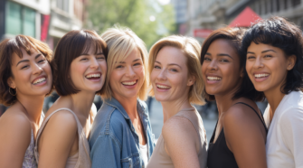 Groupe de femmes aux coupes de cheveux variées dans un décor urbain naturel, montrant des styles qui affinent le visage, avec un rendu réaliste et lumineux.