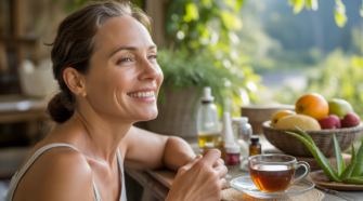Femme d’une quarantaine d’années profitant d’un matin ensoleillé dehors, avec une peau saine et naturelle, entourée de plantes, de fruits et d’ingrédients naturels pour les soins de la peau.