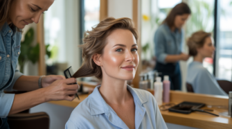 Femme confiante dans un salon de coiffure moderne essayant une nouvelle coupe élégante pour paraître plus mûre, dans une scène réaliste et lumineuse.