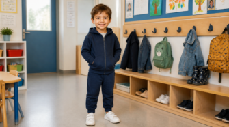 Garçon de 4 ans habillé en tenue pratique pour l'école maternelle
