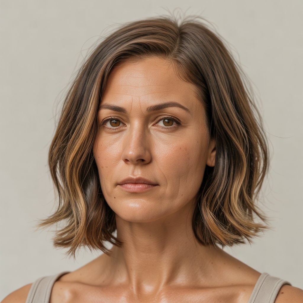 Femme de 45 ans brune à reflets caramel avec un lob clavi-cut dégradé
