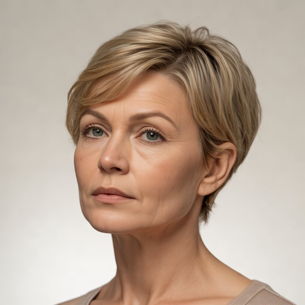 Femme de 46 ans blond cendré avec une pixie texturée et frange balayée