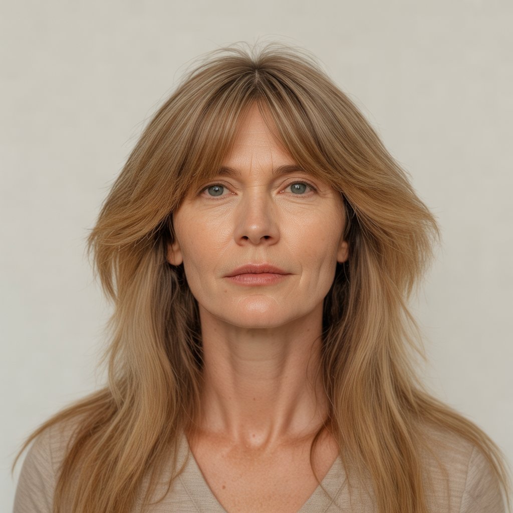 Femme de 41 ans aux cheveux châtain clair en butterfly cut avec frange rideau