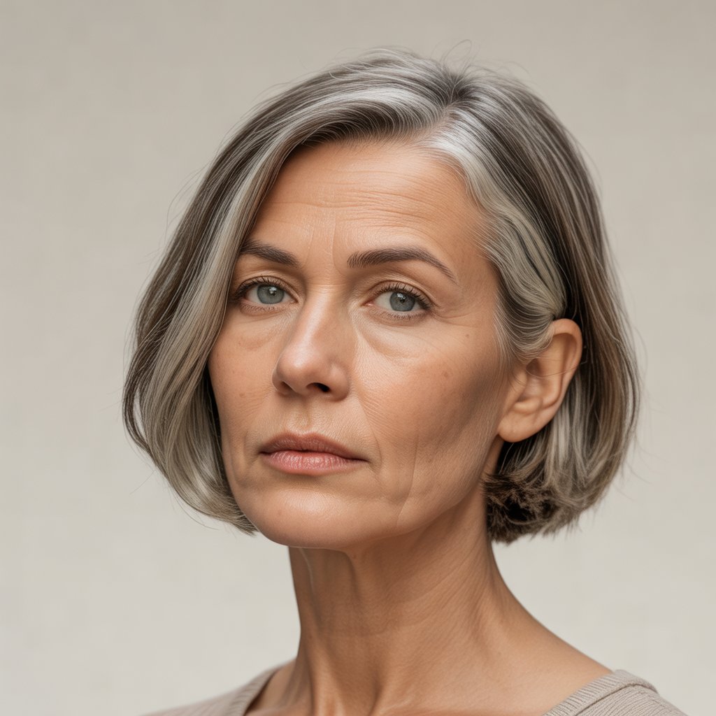 Femme de 48 ans aux cheveux gris argenté coupés en lob net