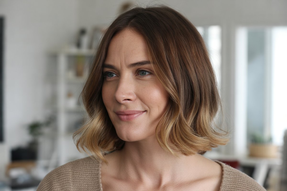 Femme de 43 ans en lob châtain avec balayage face framing miel autour du visage